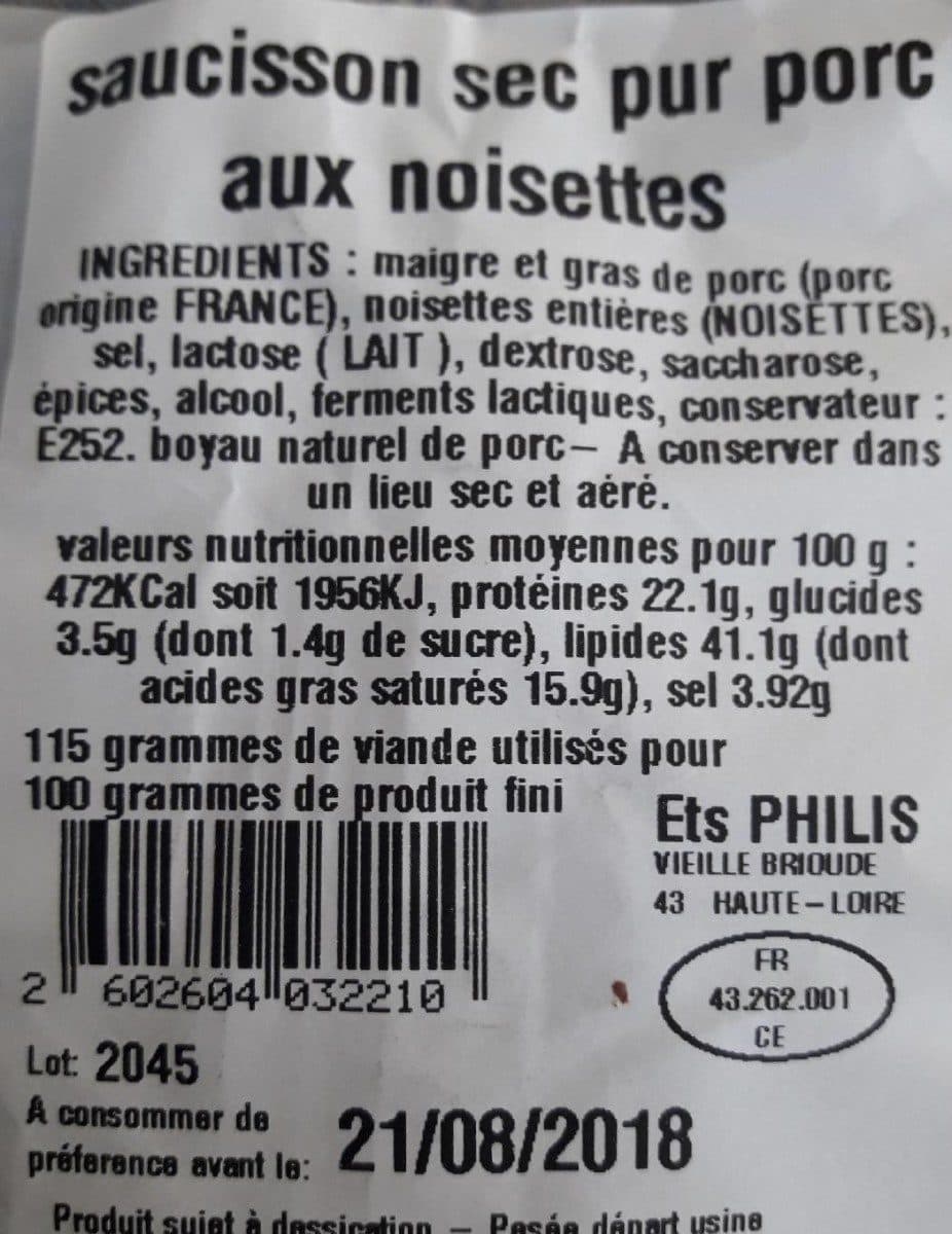 Open Food Facts Saucisson sec pur porc aux noisettes packshot