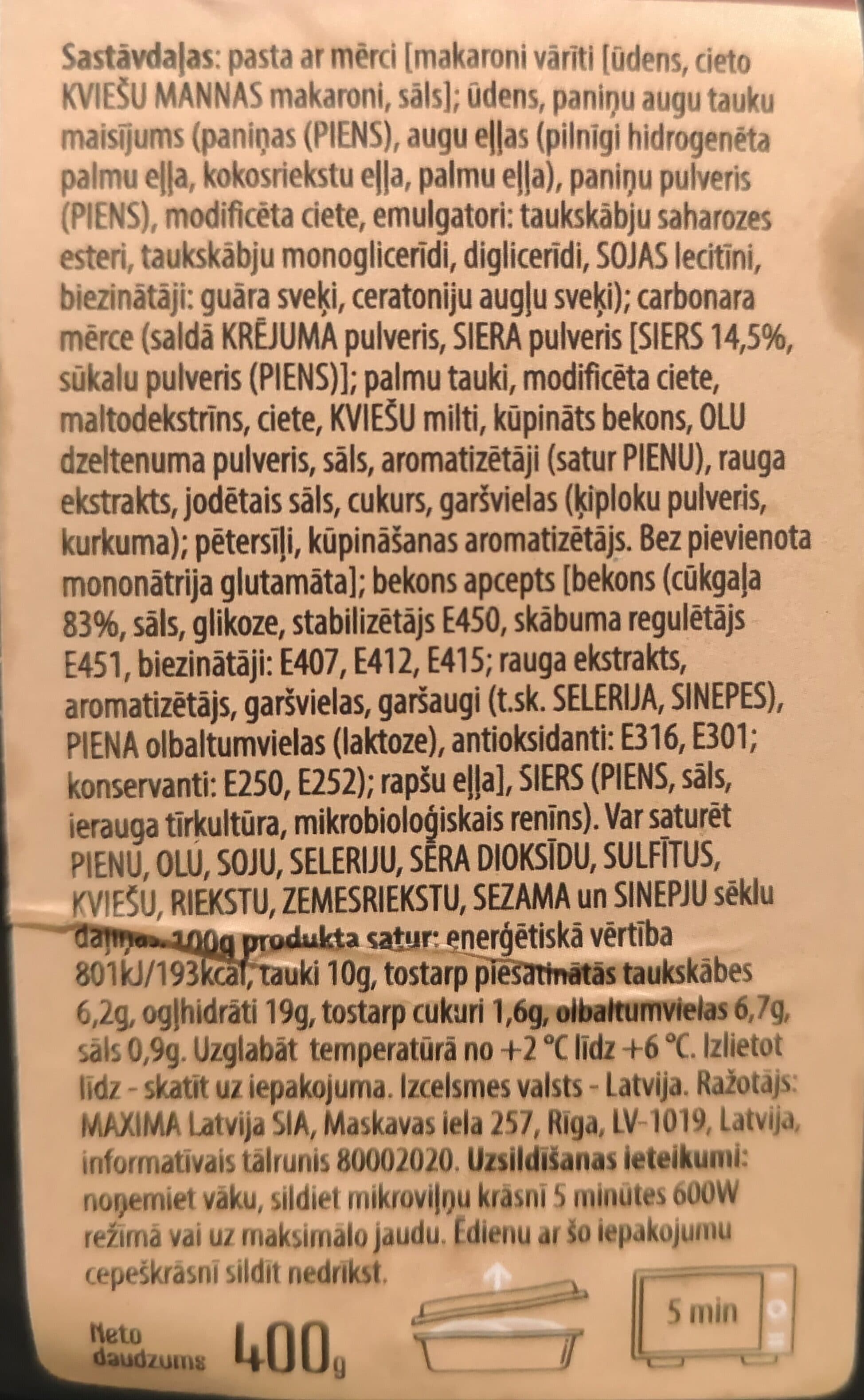 Maxima Pasta tagliatelle ar carbonara mērci packshot