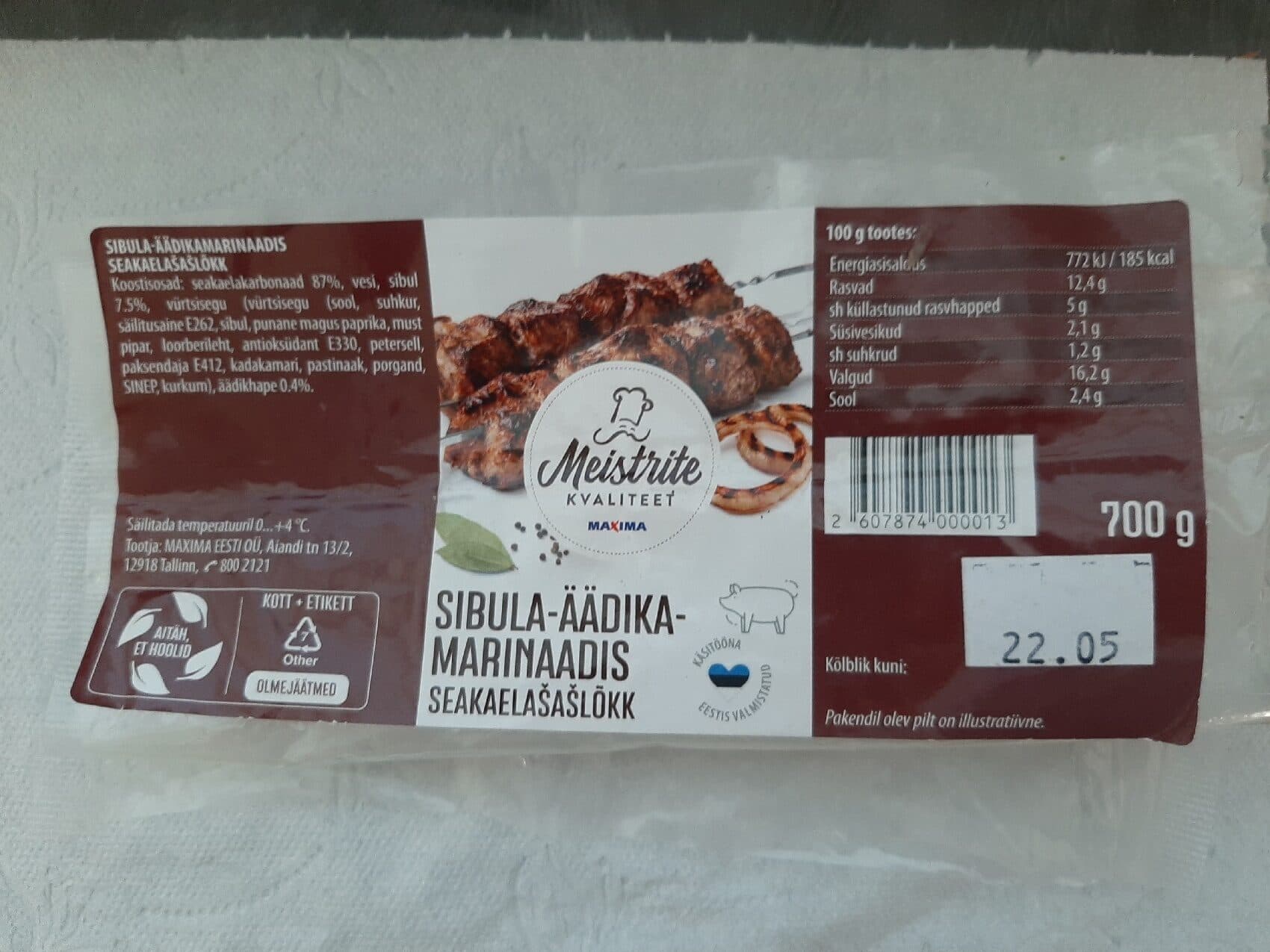 Maxima Meistrite Kvaliteet Sibula-äädikamarinaadis Seakaelašašlõkk packshot