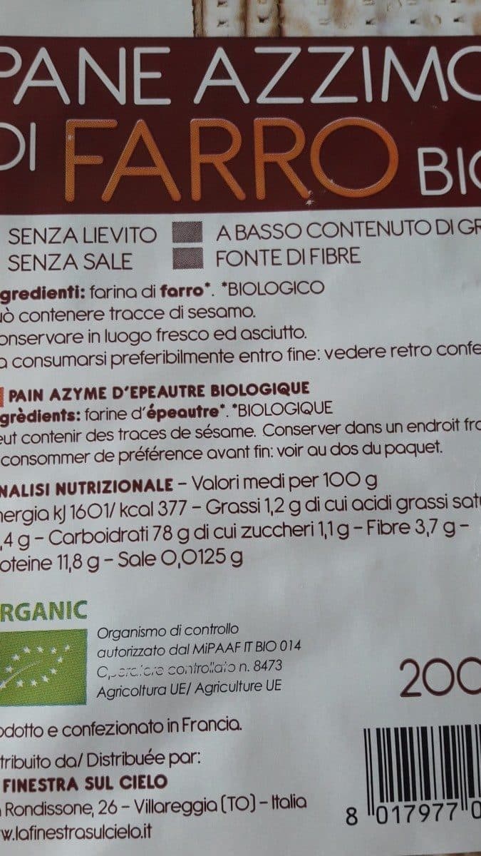 Open Food Facts Pane azzimo di Farro bio packshot