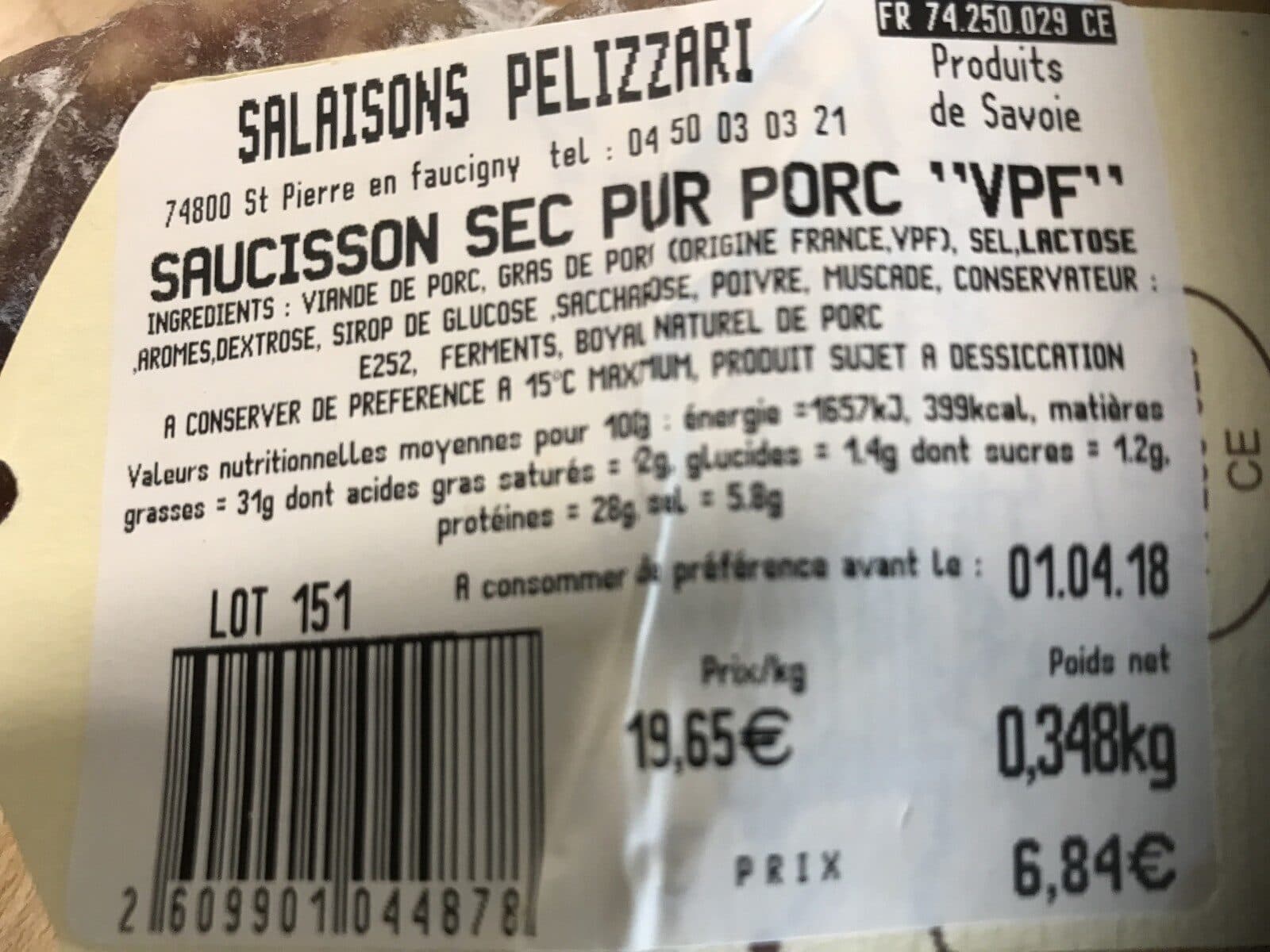Open Food Facts Saucisson artisanal sec pur porc « VPF » packshot