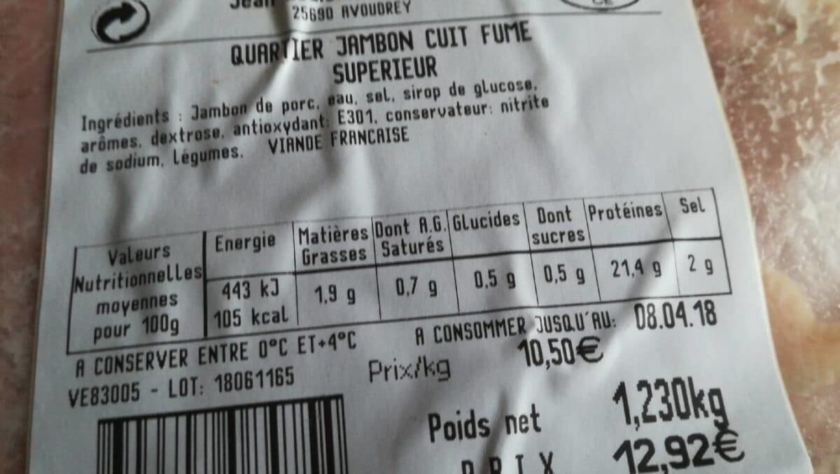 Open Food Facts Quartier de jambon cuit fumé supérieur packshot