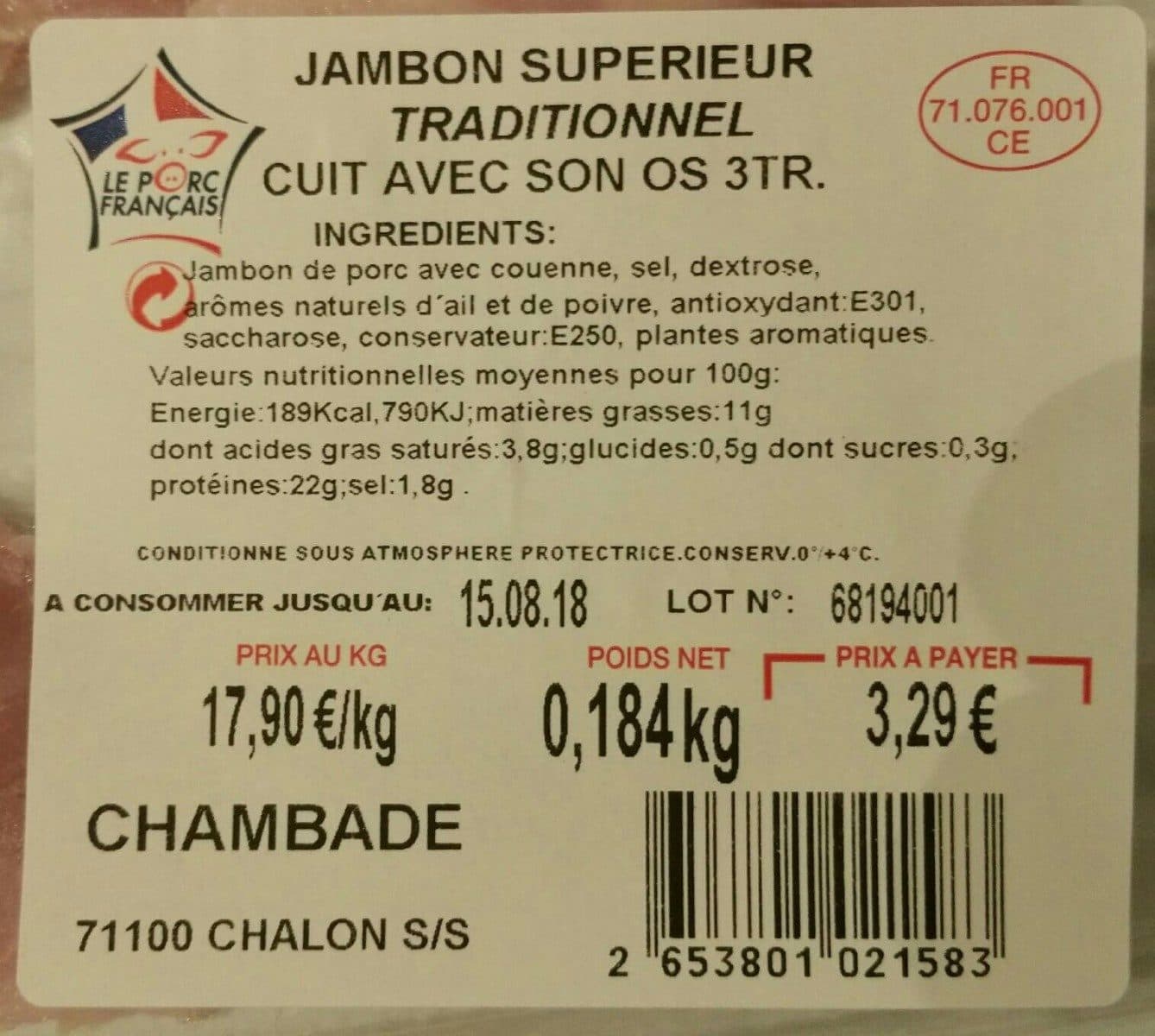 Open Food Facts Jambon Supérieur Traditionnel cuit avec son os 3Tr packshot