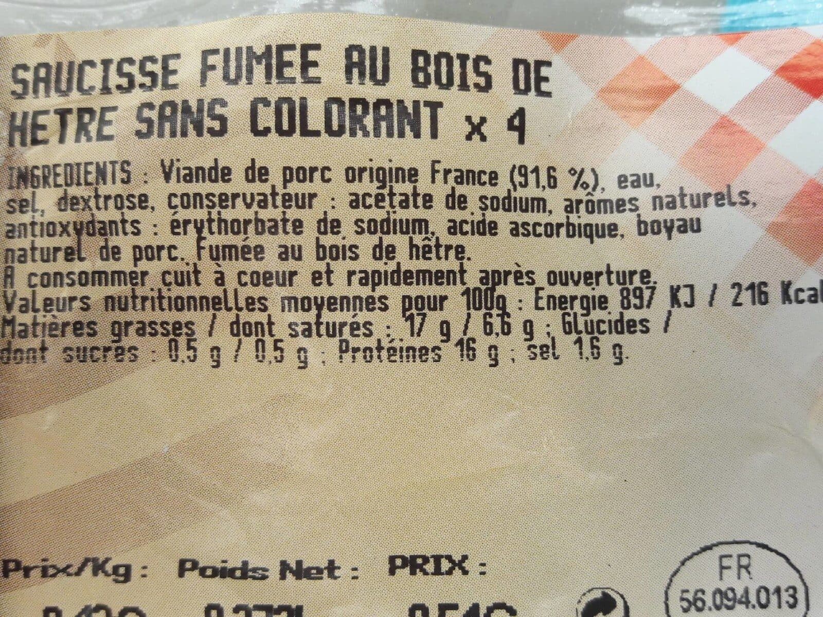 Open Food Facts Saucisse fumée au bois de hêtre sans colorant packshot