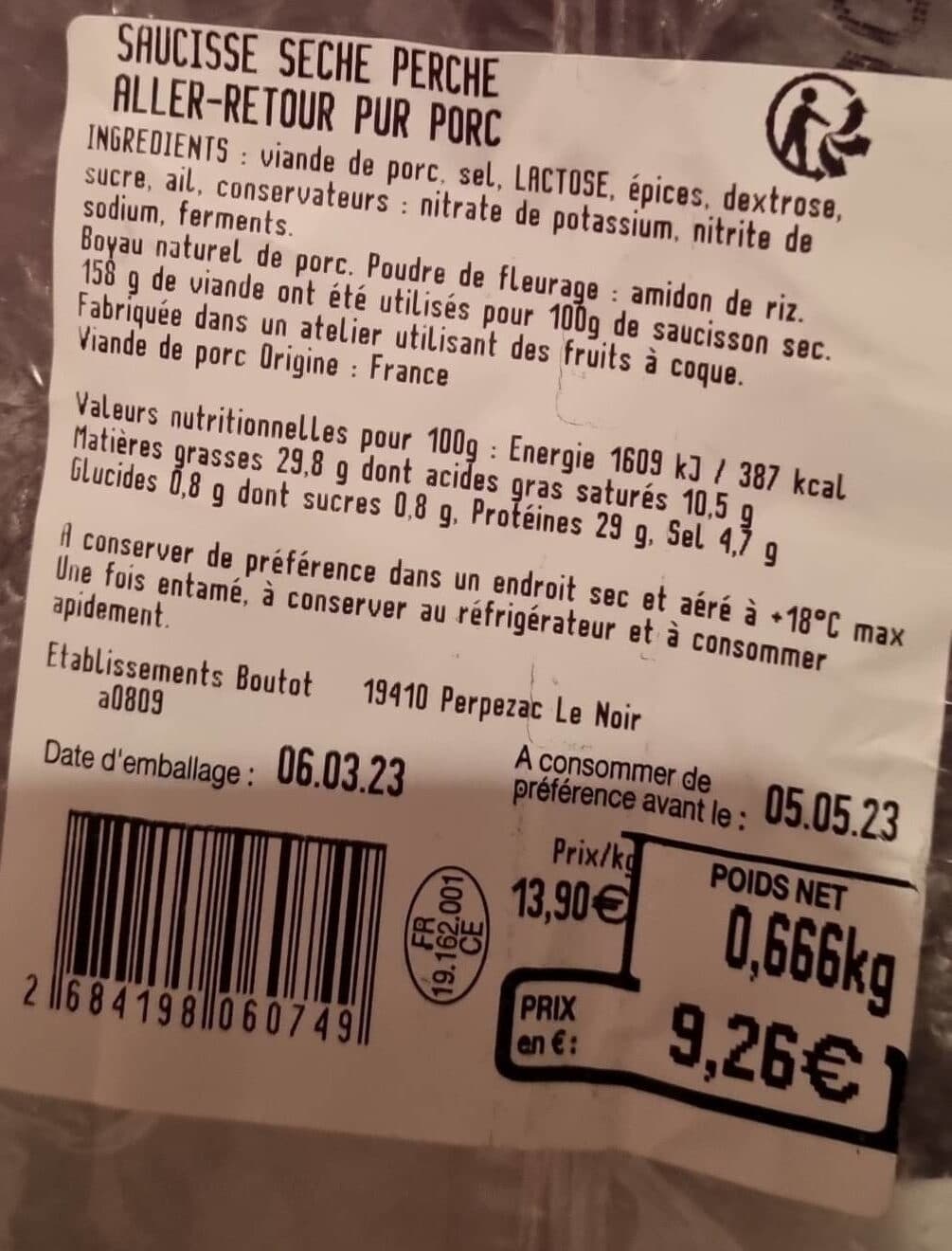 Open Food Facts Saucisse sèche perche aller-retour pur porc packshot