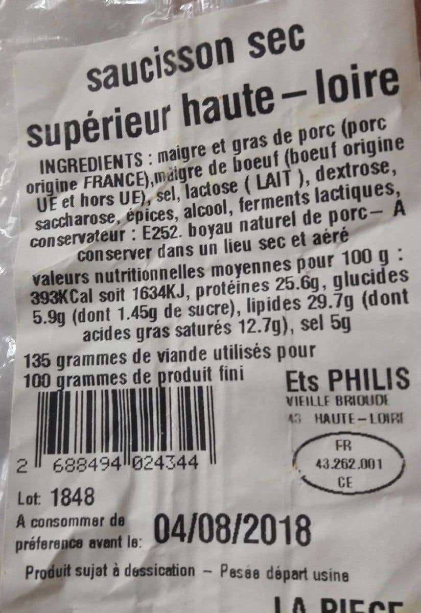 Open Food Facts "Le Haute Loire" saucisson sec supérieur packshot