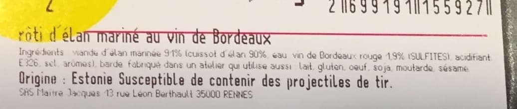 Maître Jacques Rôti d'Élan mariné au vin de Bordeaux packshot