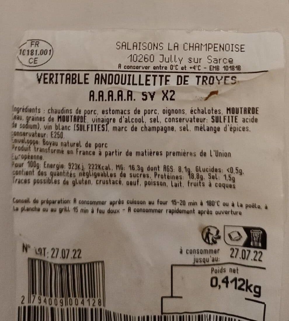 Open Food Facts VÉRITABLE ANDOUILLETTE DE TROYES 5 A SV X2 packshot