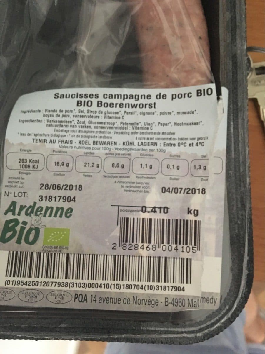 Open Food Facts Saucisse de campagne de porc Bio packshot