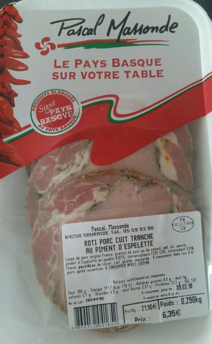 Open Food Facts Rôti porc cuit au piment tranché d'espelette packshot