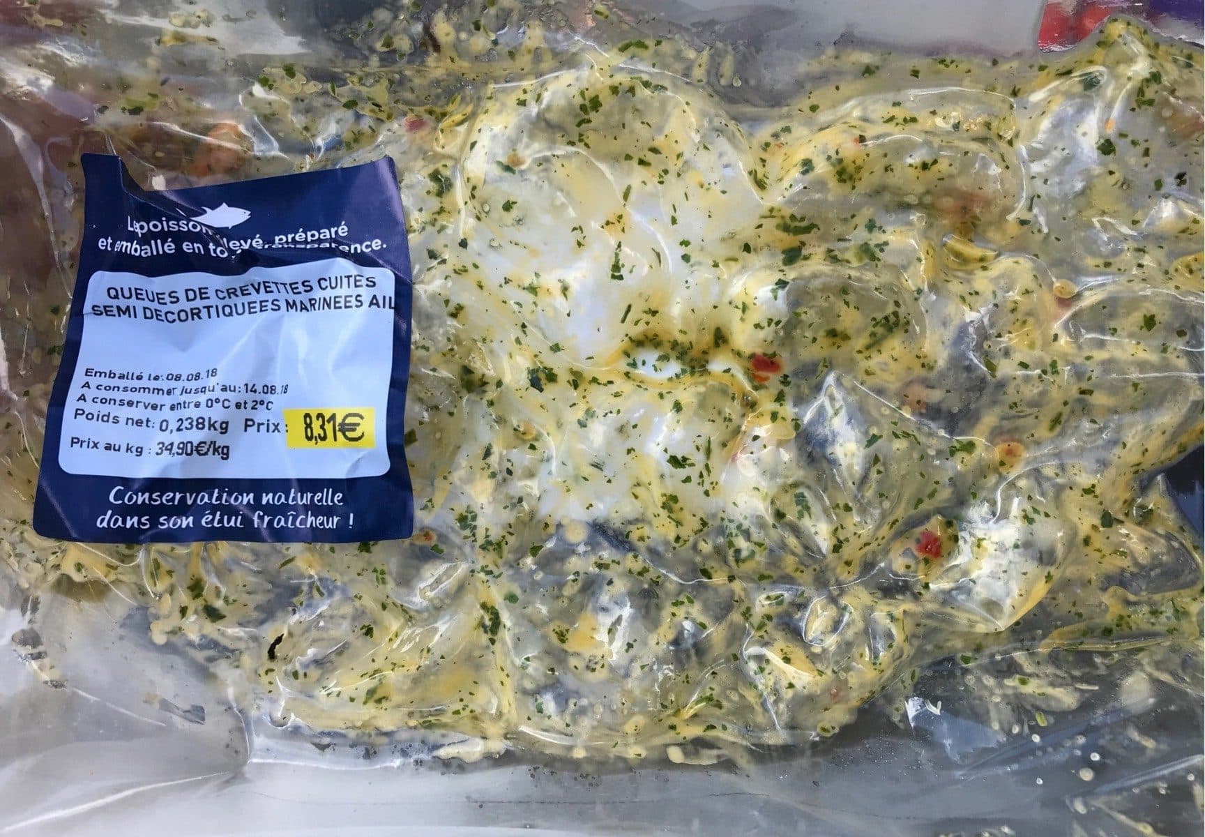 Open Food Facts Queues de crevettes cuites semi décortiquées marinées ail packshot