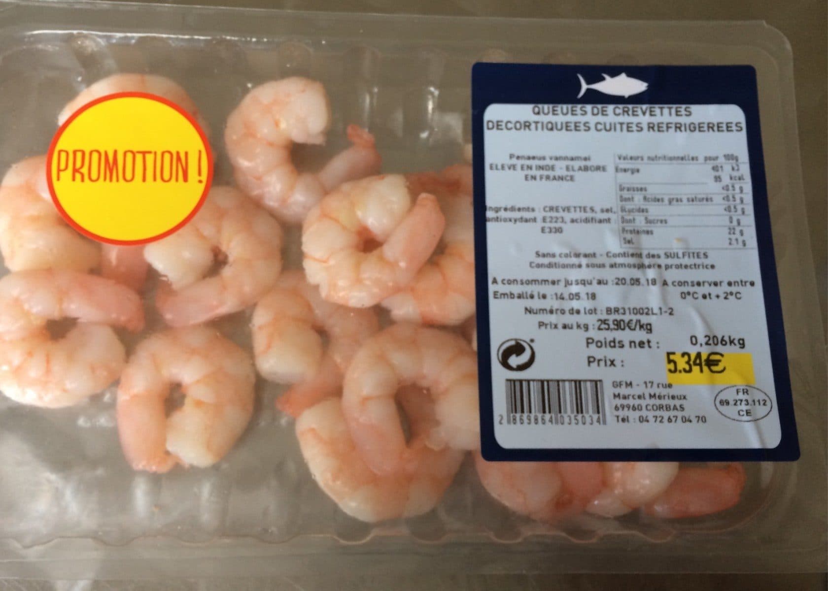 Open Food Facts Queues de crevettes decortiquées cuites refrigérées packshot