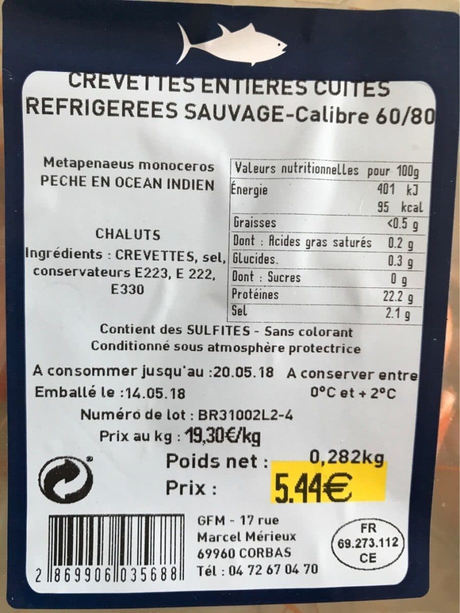 Open Food Facts Crevettes entieres cuites refrigerees sauvages - Calibre 60/80 packshot