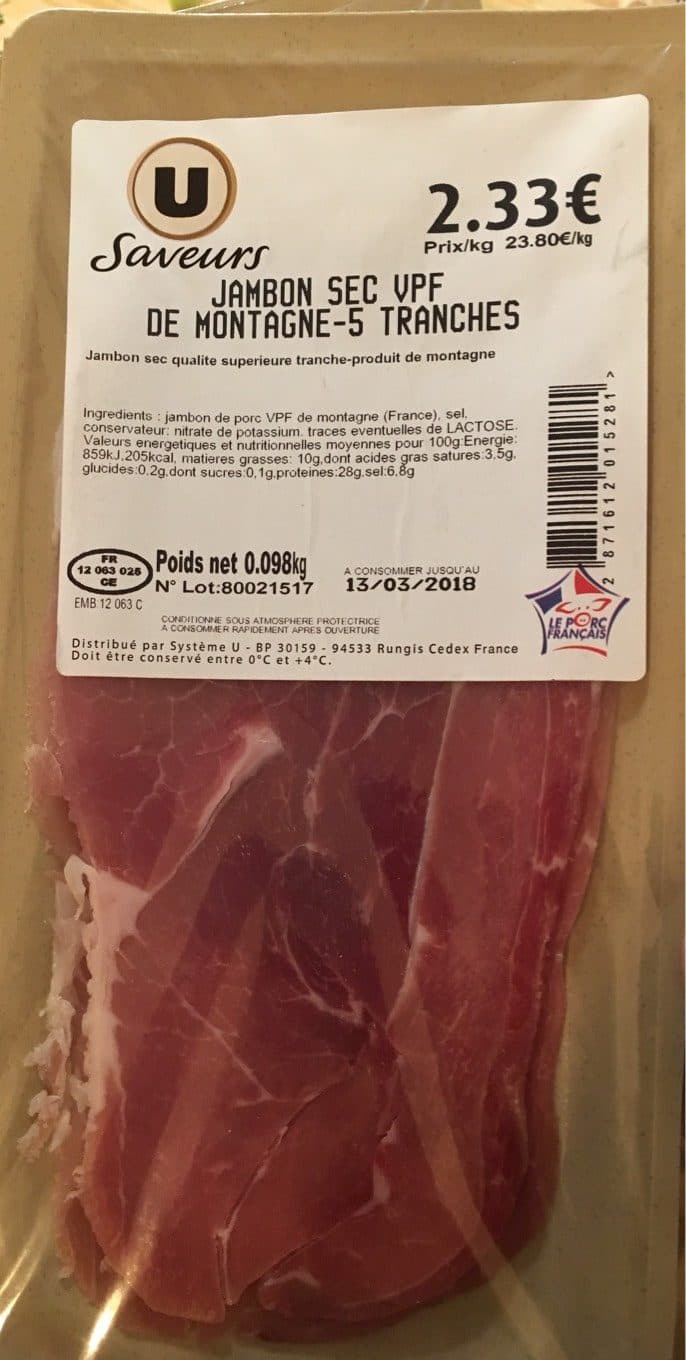 Saveurs U Jambon sec VPF de montagne packshot