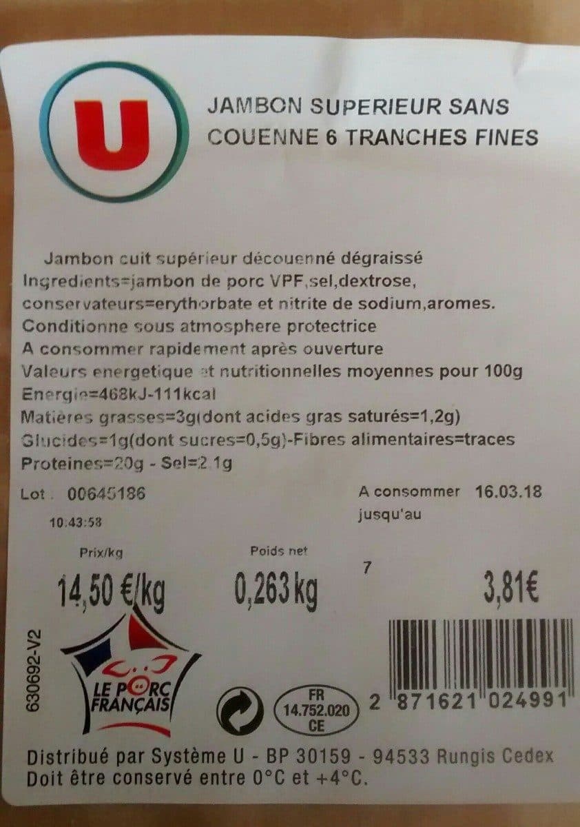 Open Food Facts Jambon supérieur sans couenne 6 tranches fines packshot