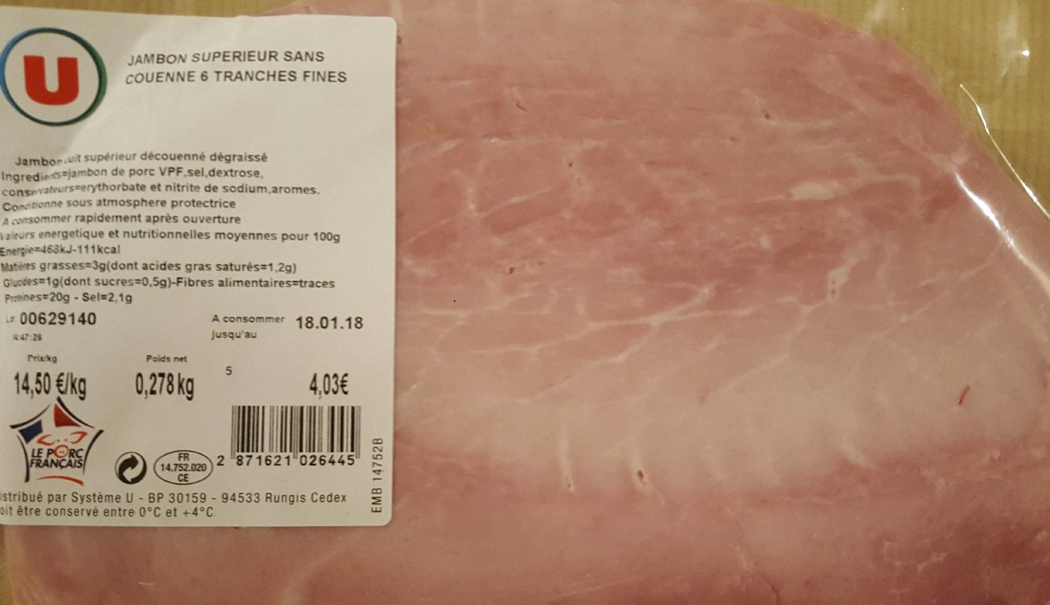 U Jambon supérieur sans couronne 6 tranches fines packshot
