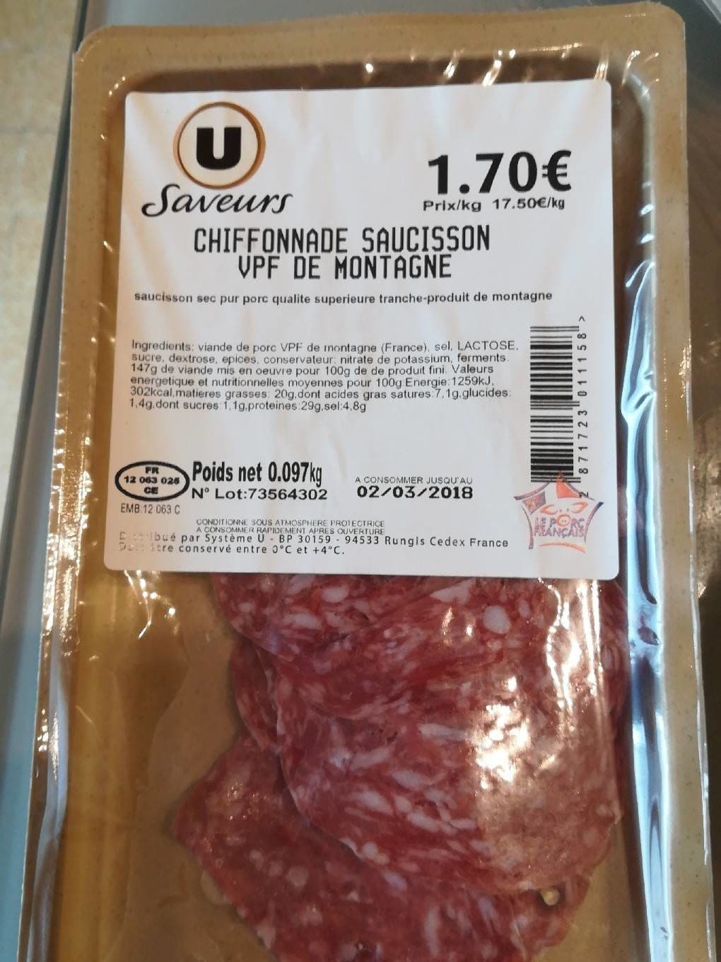 U Chiffonnade saucisson VPF de montagne packshot