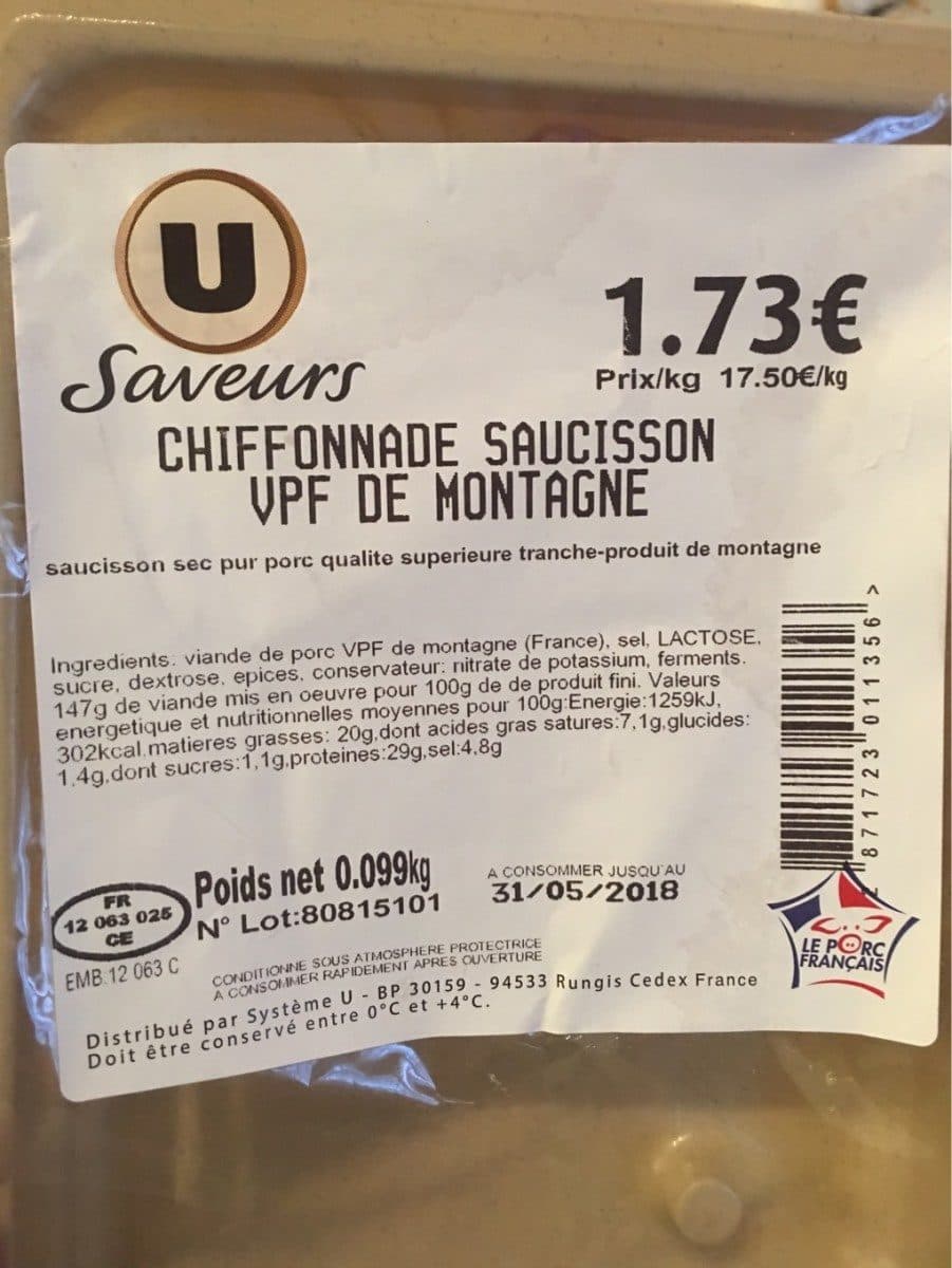 U Saveurs Chiffonnade saucisson packshot