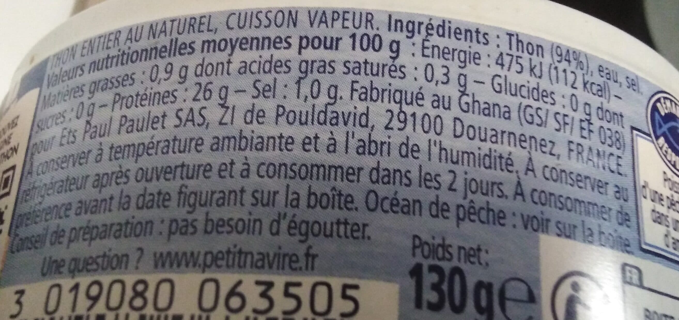 Petit Navire Thon entier au naturel cuisson vapeur packshot
