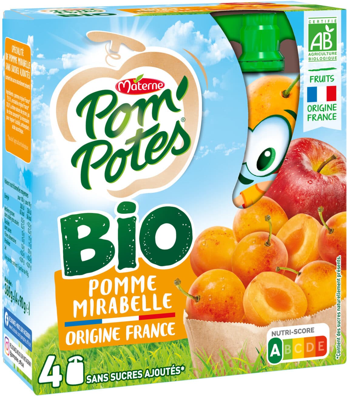 Bio POM'POTES Compotes Gourdes BIO Pomme Mirabelle 4x90g packshot