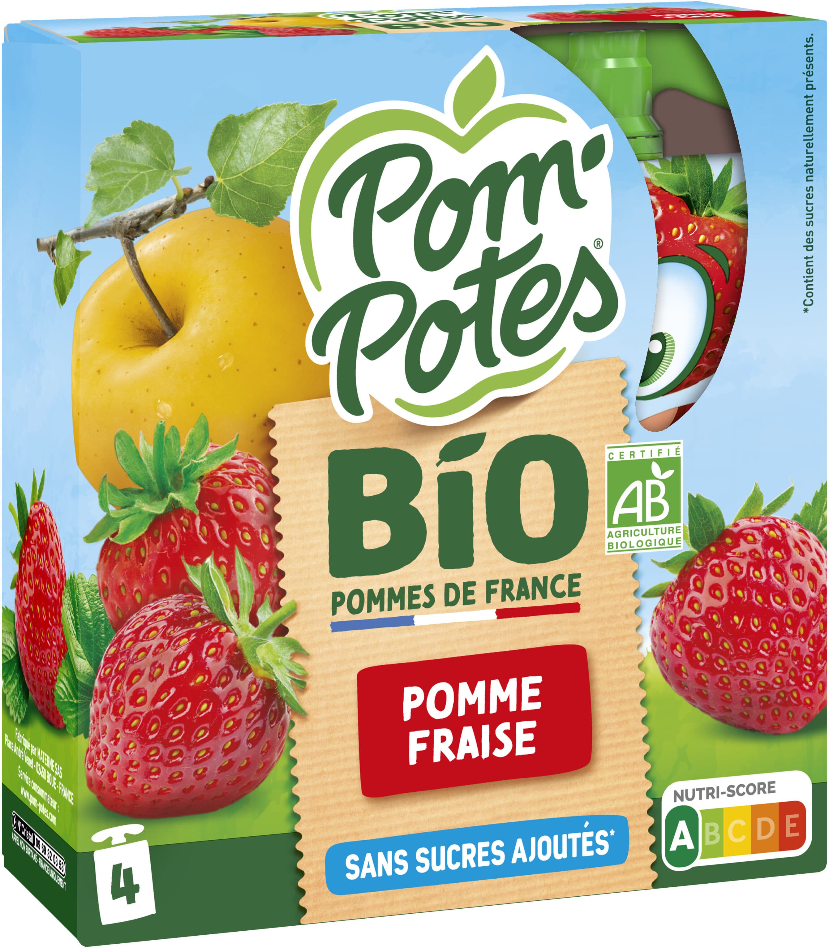 Bio+ POM'POTES Compotes Gourdes BIO Pomme Fraise 4x90g packshot