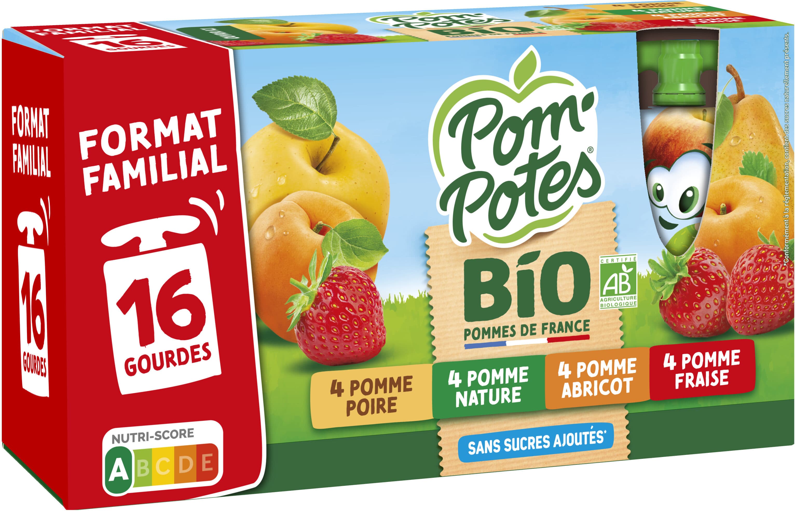 Bio+ POM'POTES Compotes Gourdes BIO Pomme, P. Fraise, P. Abr, P. Poire 16x90g Format Familial packshot