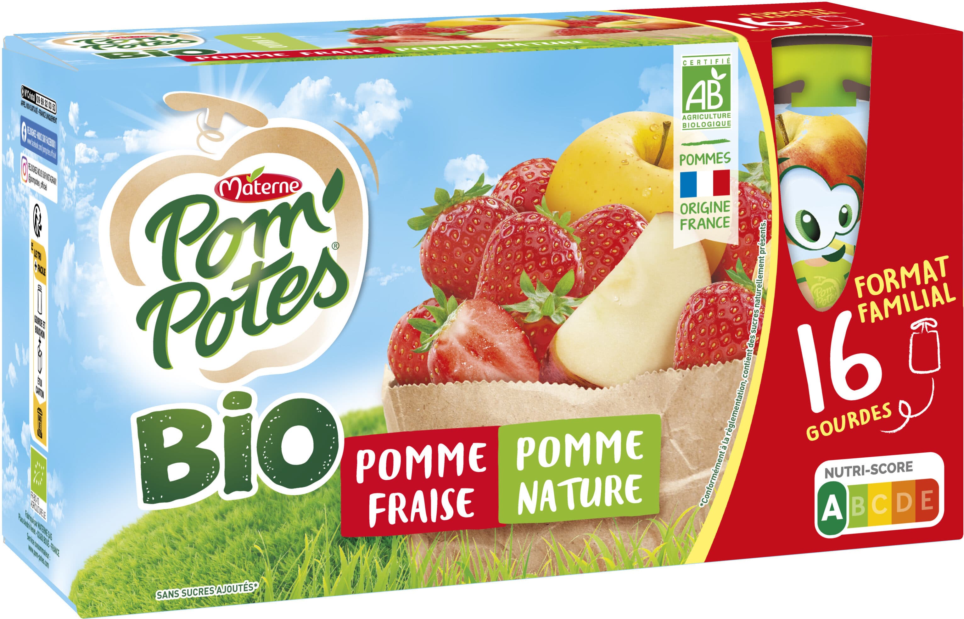 Bio POM'POTES Compotes Gourdes BIO Pomme Fraise 16x90g Format Familial packshot