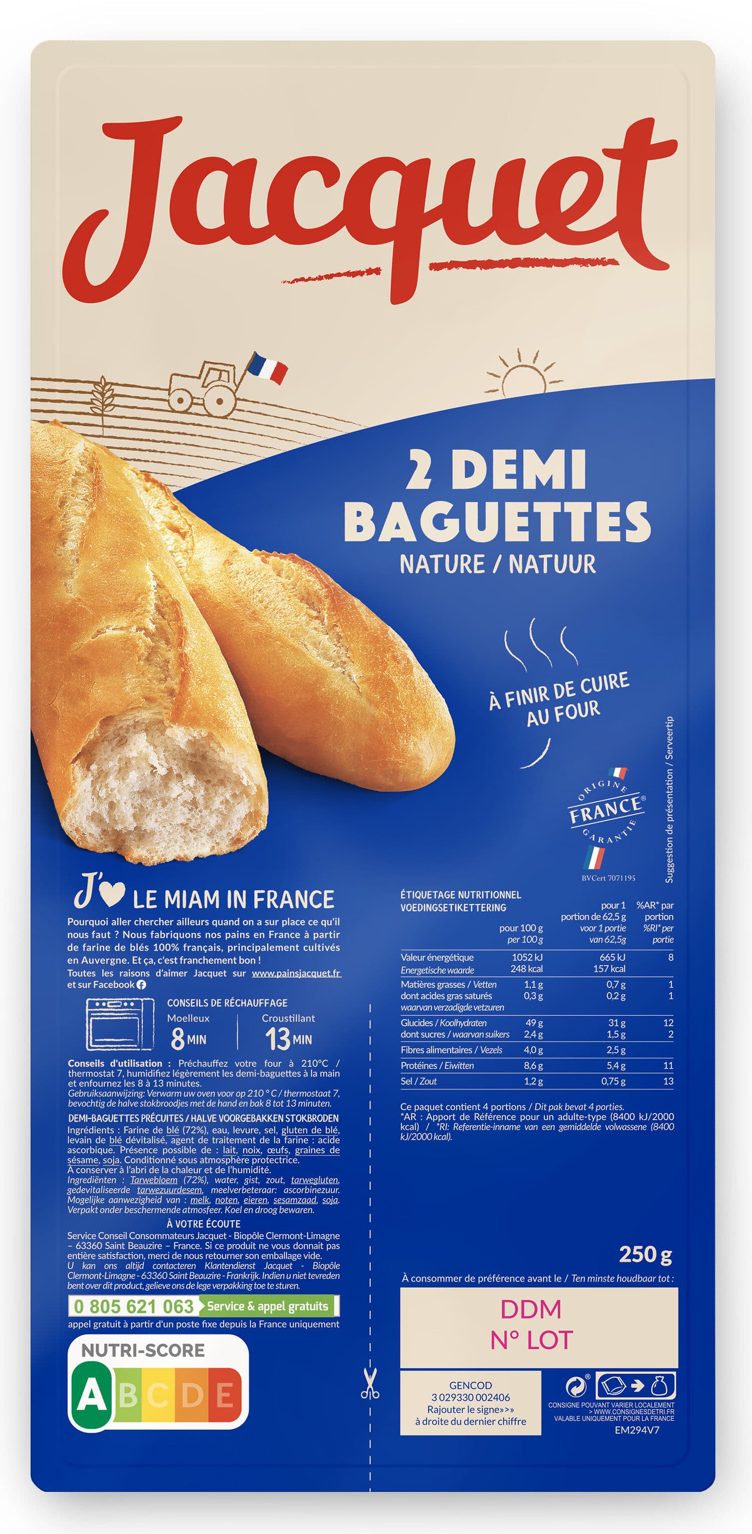Jacquet Demi Baguettes Nat x2 250g packshot