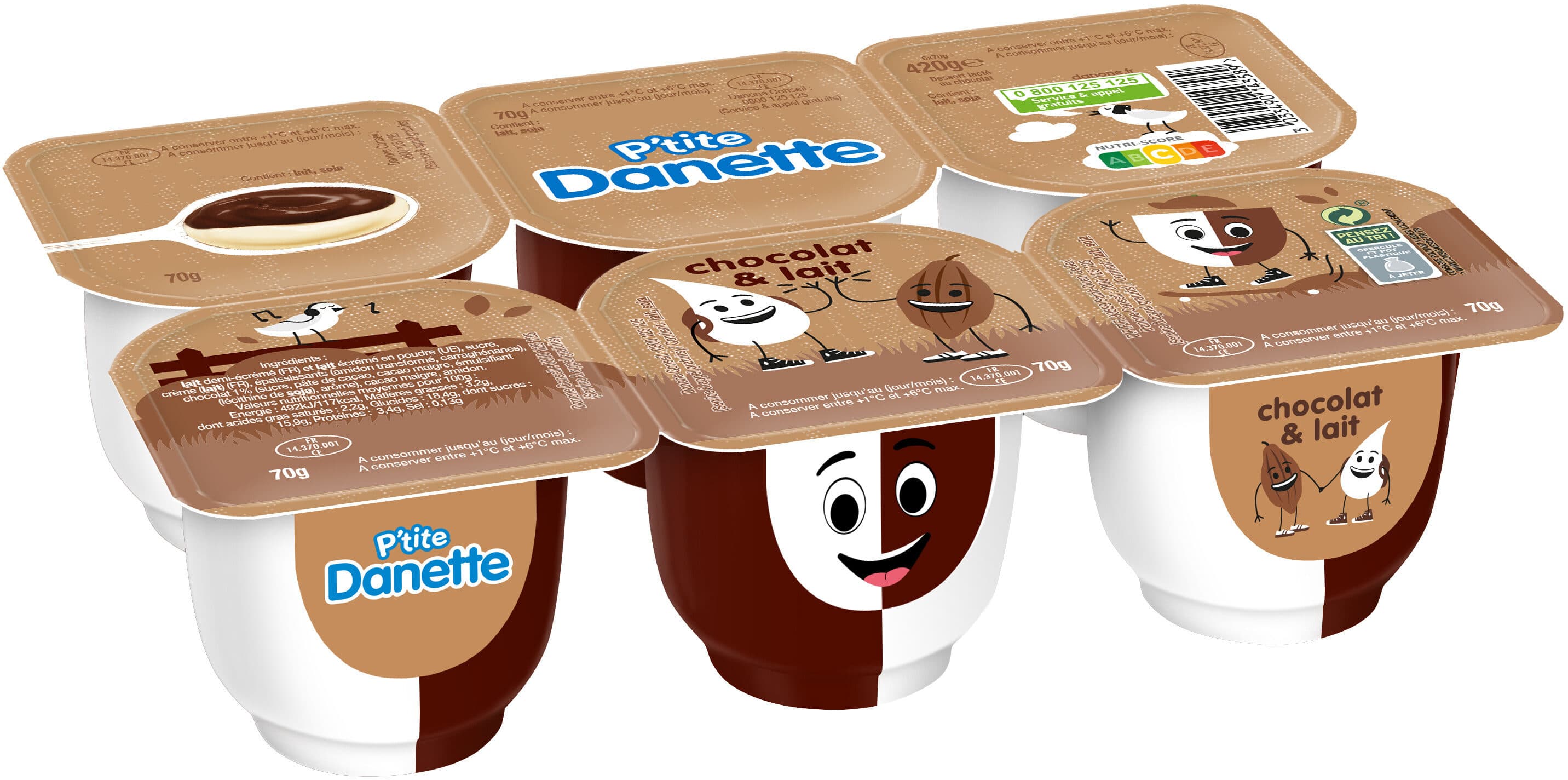 Danette P'tite danette chocolat et lait 70 g x 6 packshot