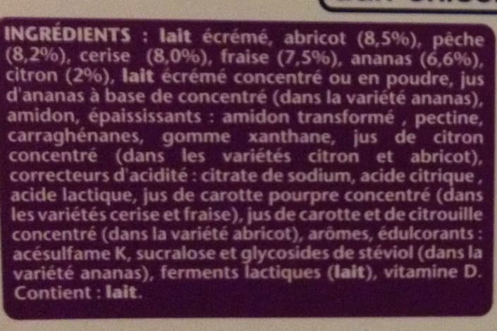 Danone Taillefine aux fruits, abricot-fraise-citron-cerise-ananas-pêche packshot