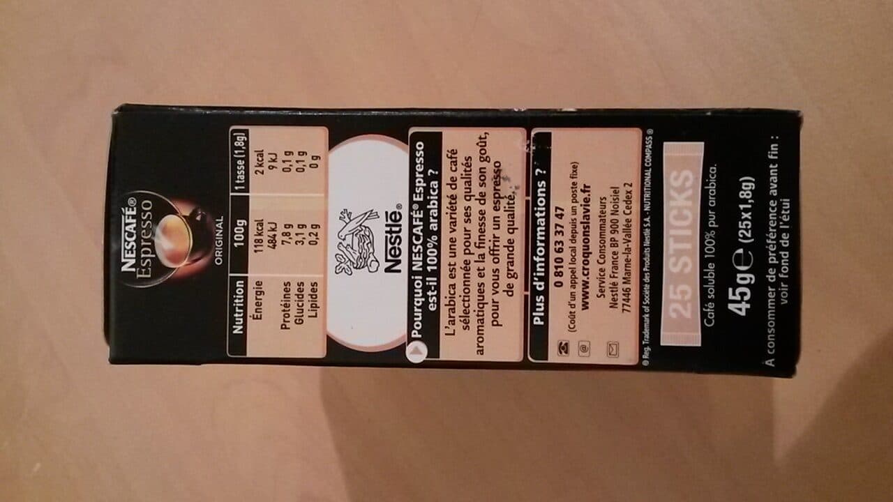Espresso NESCAFÉ Espresso Original, Café Soluble 100% pur Arabica, 25x1,8g packshot