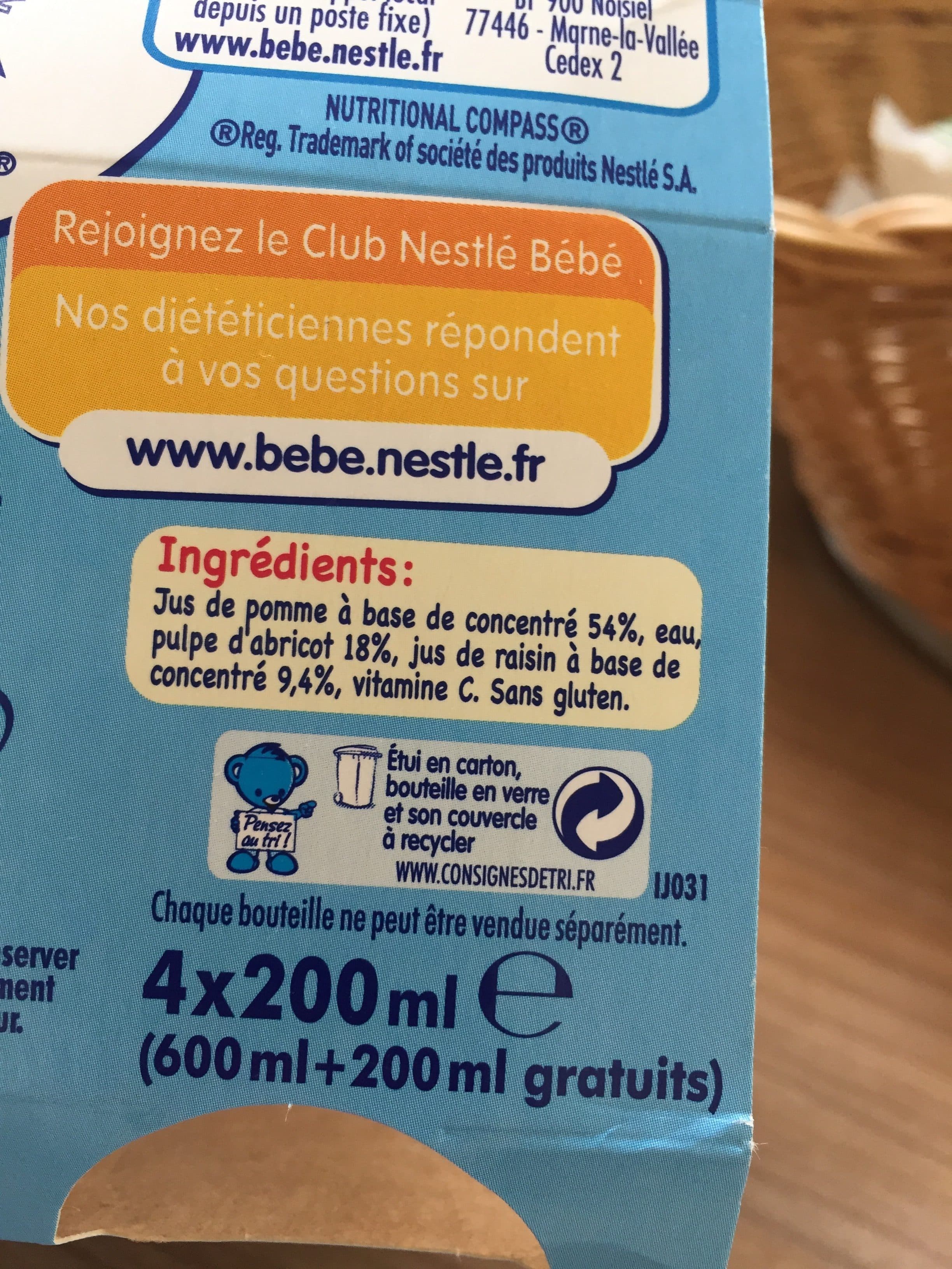 Nestlé Boisson pommes abricots sans sucres ajoutés, 4/6 + mois packshot