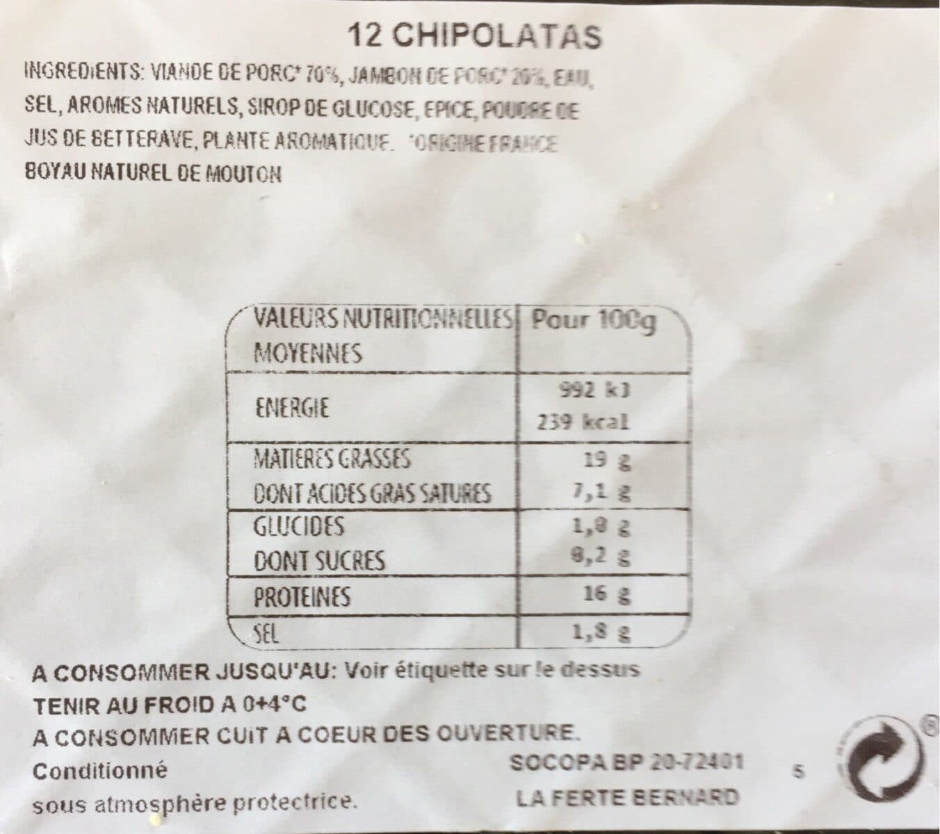 Socopa 12 Chipolatas Supérieures Façon Charcutière packshot