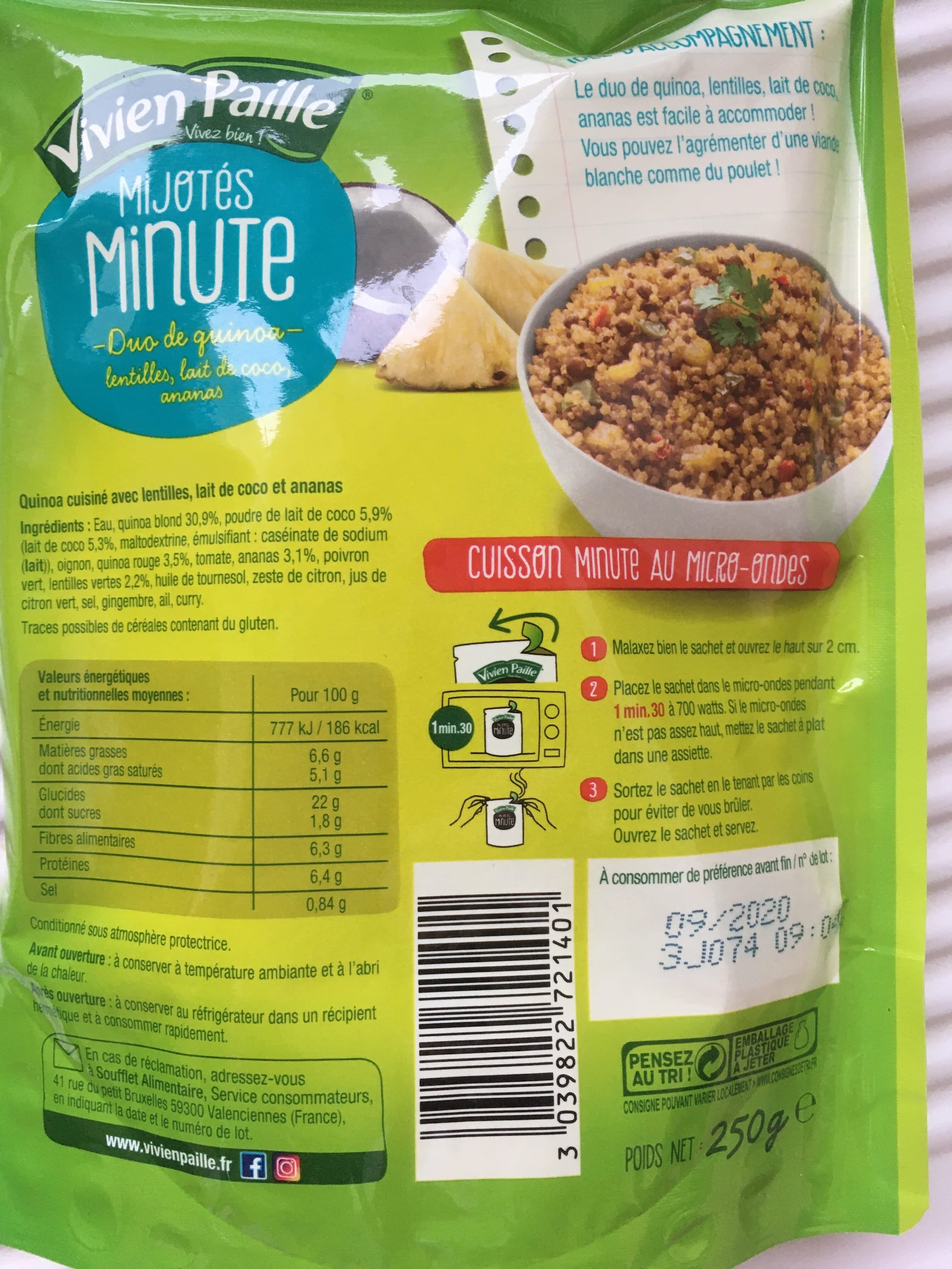 Vivien Paille Mijotés minutes Duo de quinoa, lentilles, lait de coco, ananas packshot