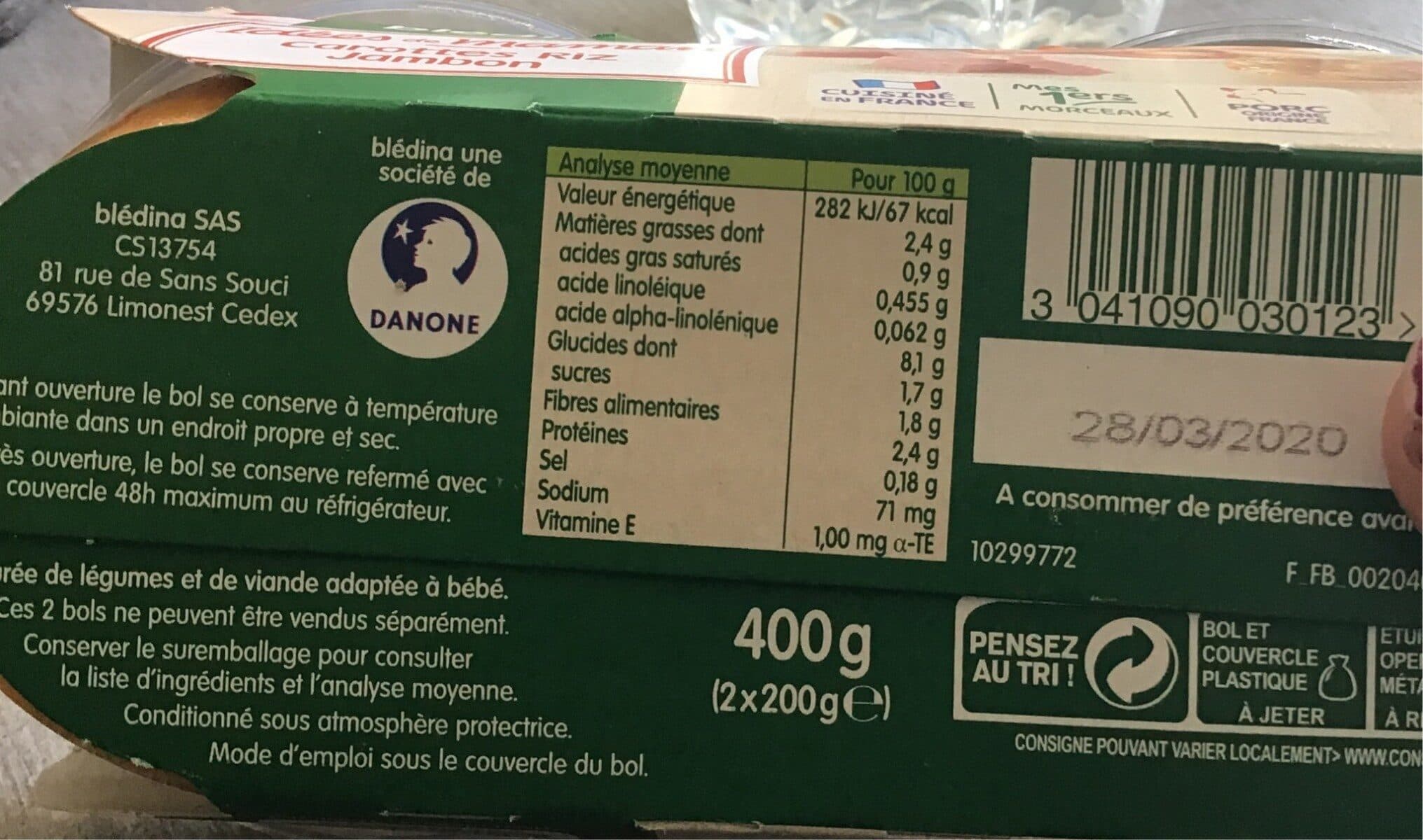 Blédina IDEES DE MAMAN BOLS Carottes Riz Jambon 2x200g Dès 8 Mois packshot
