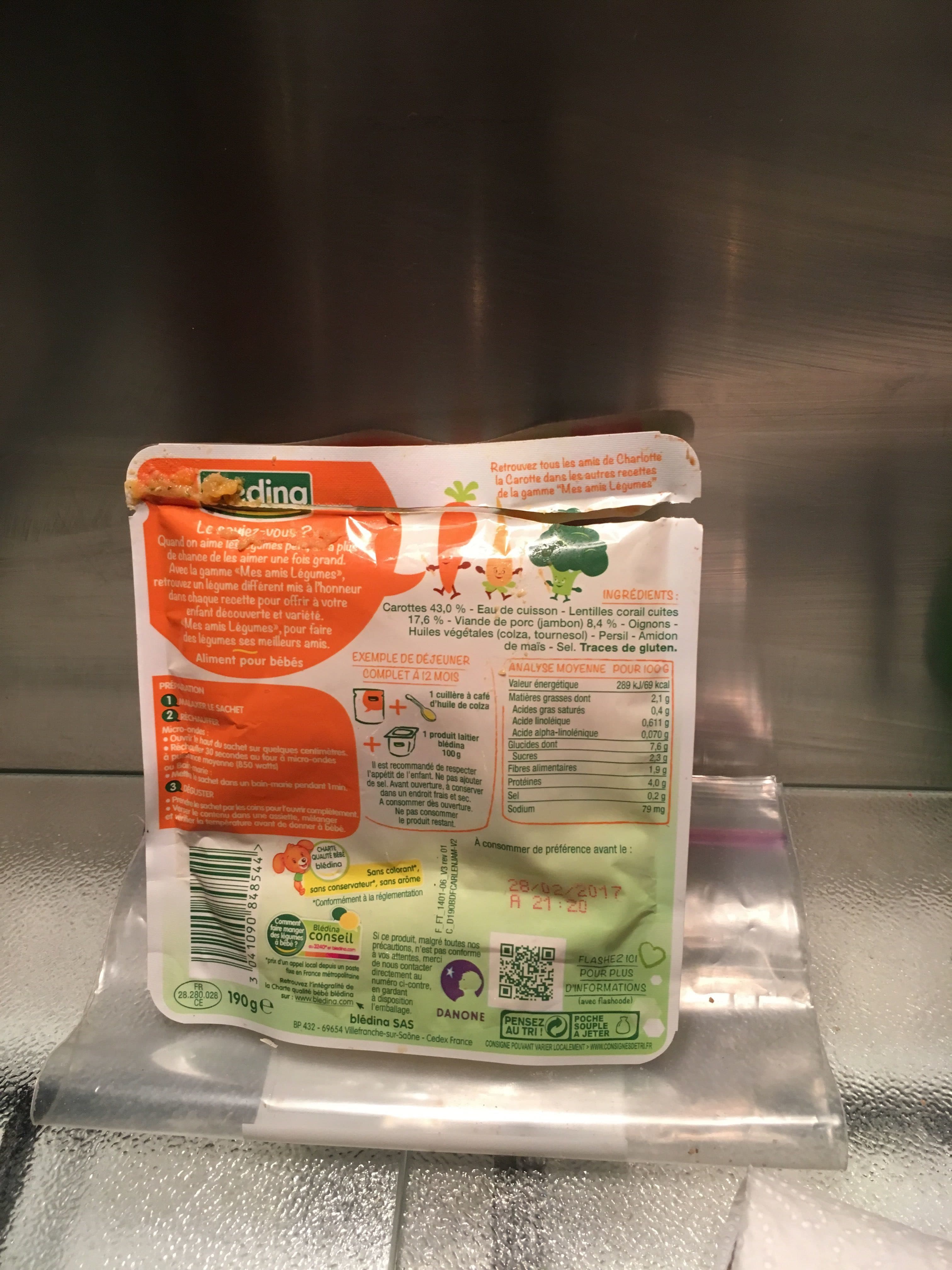 Bledina La carotte ses lentilles corail et son jambon packshot