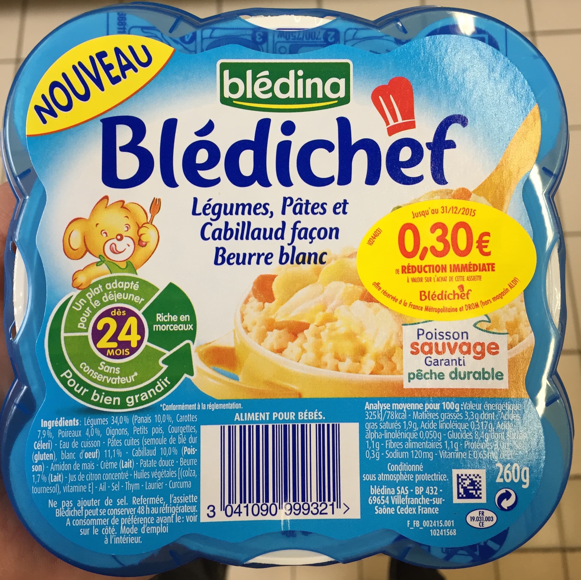 Blédina Blédichef Légumes, Pâtes et Cabillaud façon Beurre blanc packshot