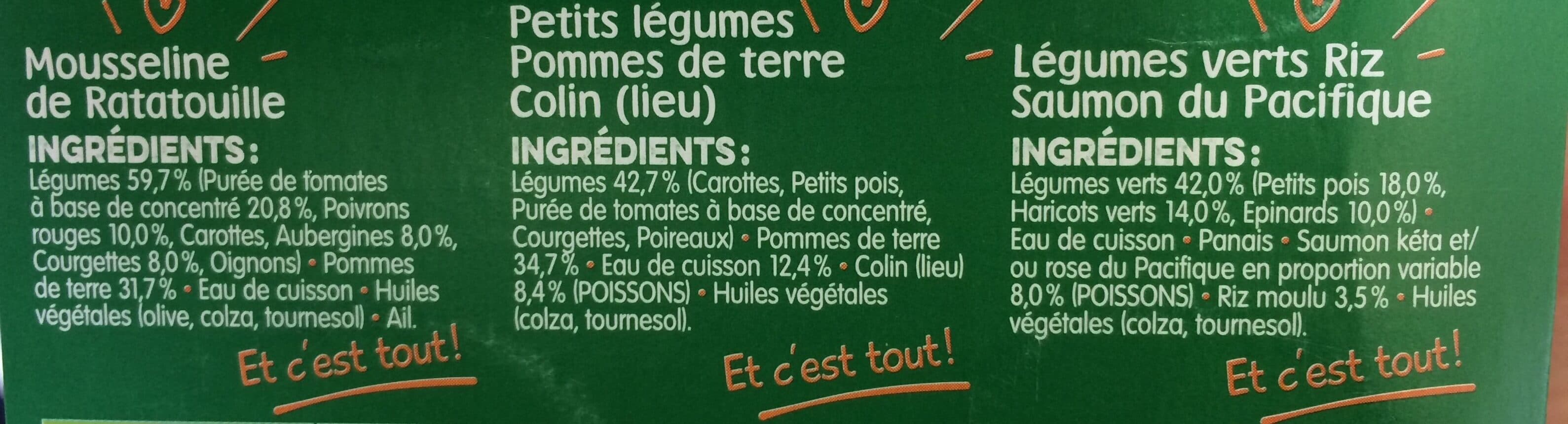 bledina 1 Mousseline de Ratatouille / 2 Petits Légumes Pommes de Terre Lieu / 1 Légumes Verts Riz Saumon du Pacifique 4x200g packshot