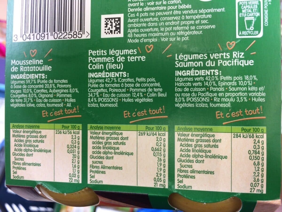 bledina 1 Mousseline de Ratatouille / 2 Petits Légumes Pommes de Terre Lieu / 1 Légumes Verts Riz Saumon du Pacifique 4x200g packshot