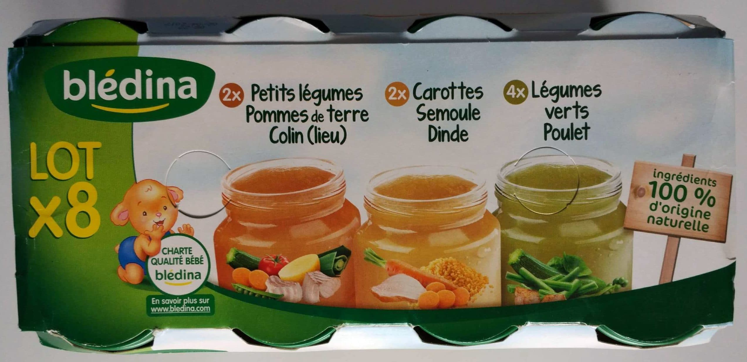 bledina 2 Carottes Semoule Dinde / 2 Petits Légumes Pommes de Terre Lieu / 4 Légumes Verts Poulet 8x200g packshot