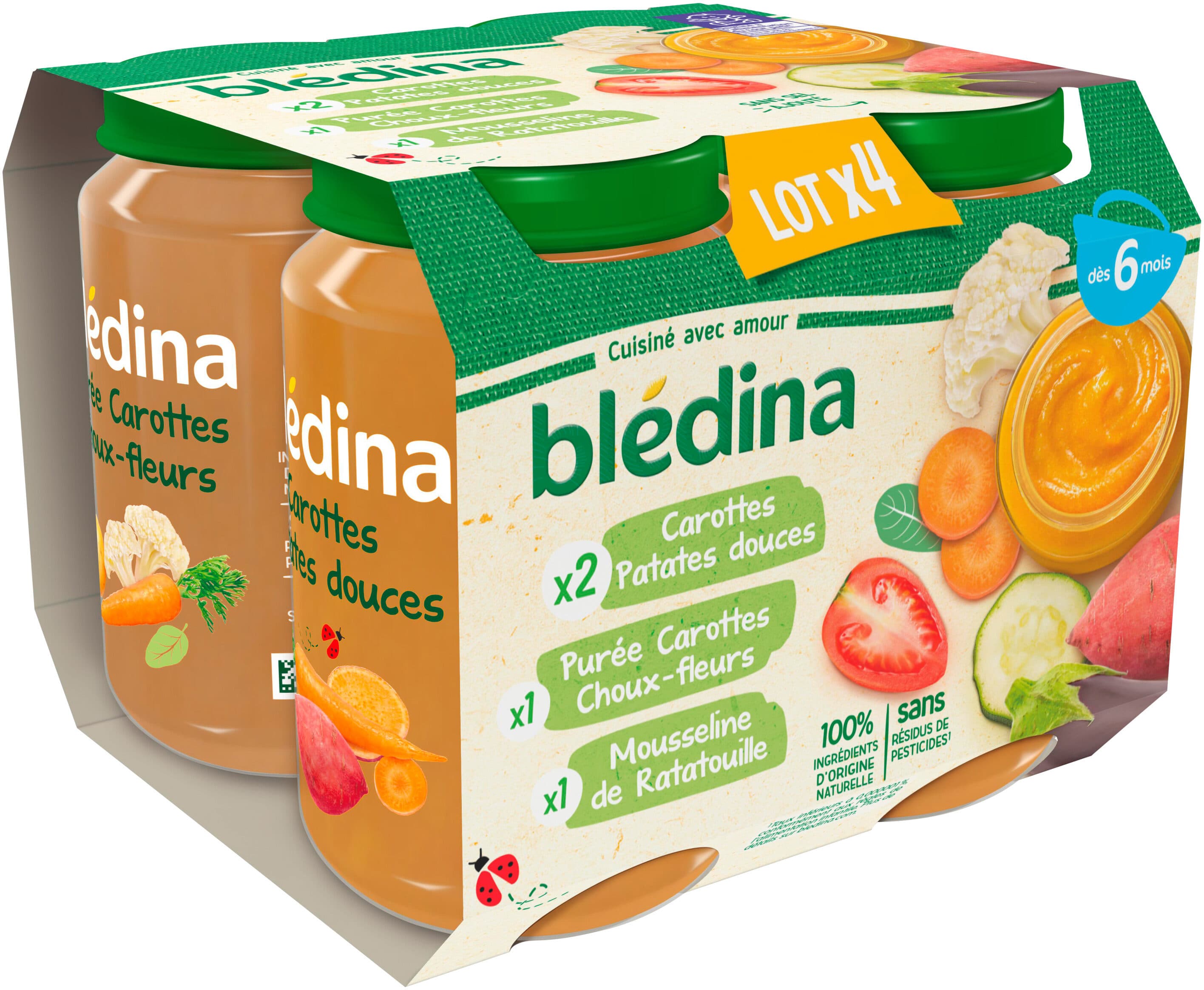 bledina 2 Carottes Patates Douces / 1 Purée Carottes Choux-Fleurs / 1 Mousseline de Ratatouille 4x200g packshot