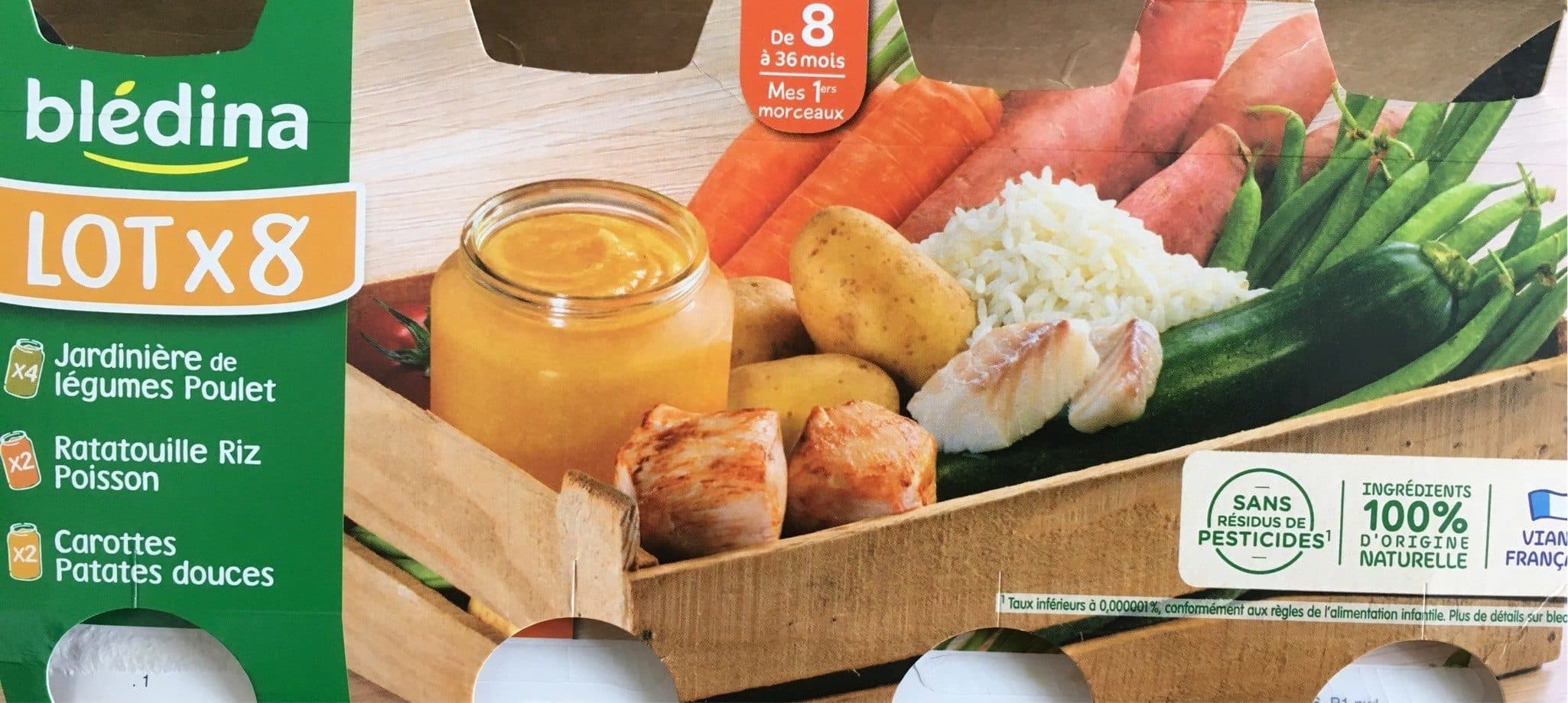 bledina 4 Jardinière de Légumes Poulet / 2 Ratatouille Riz Poisson / 2 Carottes Patates Douces 8x200g packshot