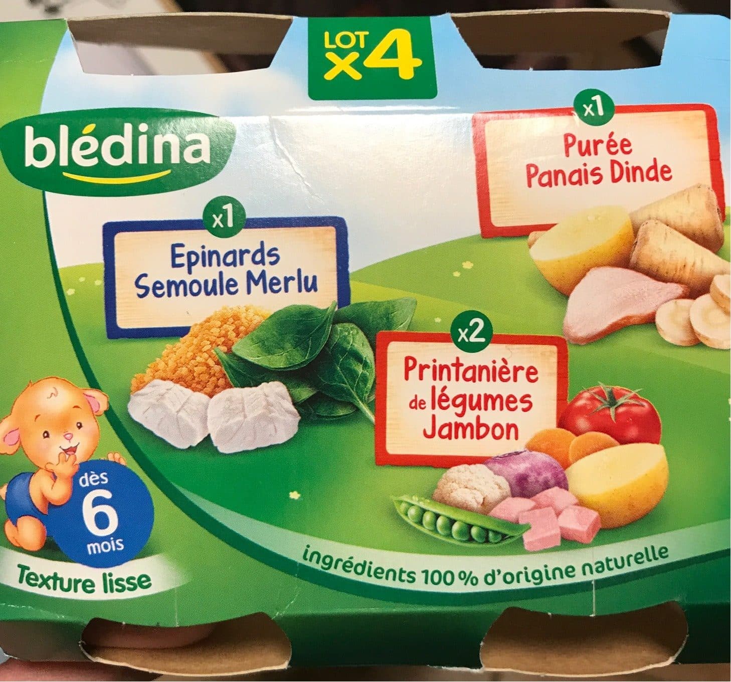 bledina 2 Printanière de Légumes Jambon / 1 Epinards Semoule Merlu Blanc / 1 Purée Panais Dinde 4x200g packshot