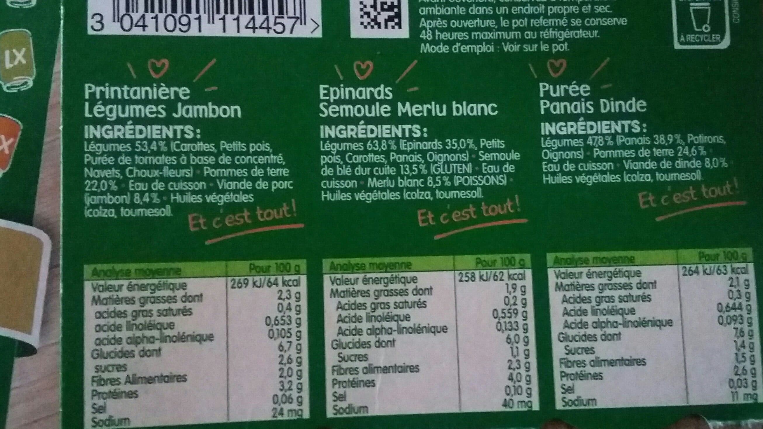 bledina 2 Printanière de Légumes Jambon / 1 Epinards Semoule Merlu Blanc / 1 Purée Panais Dinde 4x200g packshot