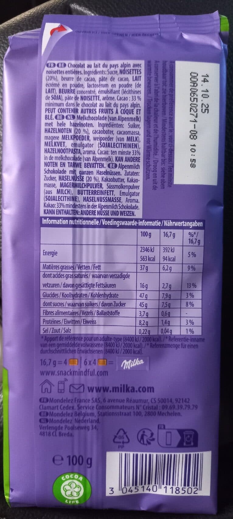 Milka Milka Tablette Noisette packshot