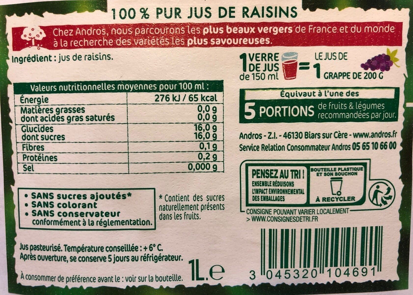 Andros 100% pur jus de Raisins pressés packshot