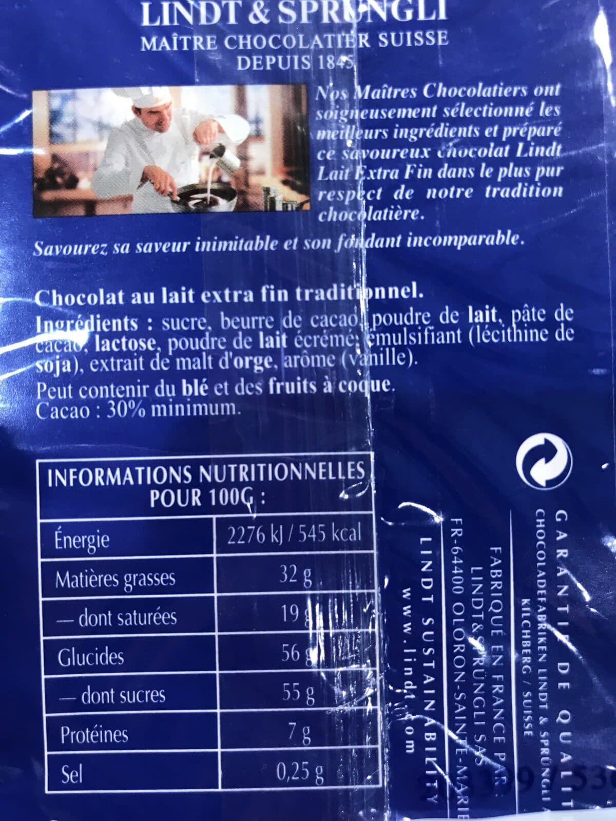 Lindt Chocolat lait extra fin packshot