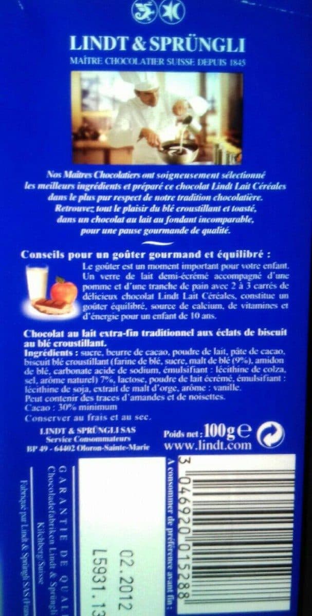 Lindt lait céréales packshot