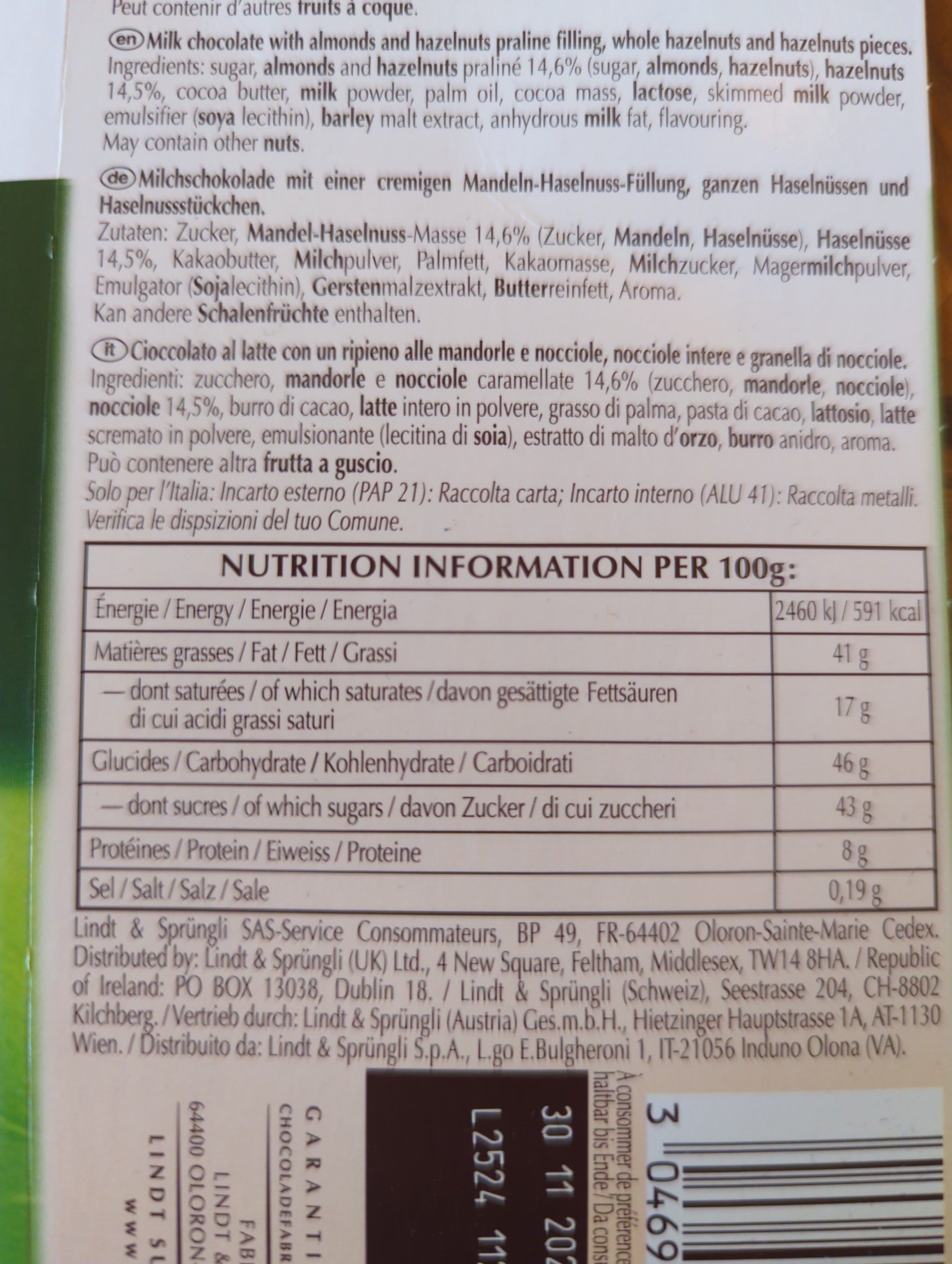 Lindt Lindt Chocolat au lait praliné noisettes packshot