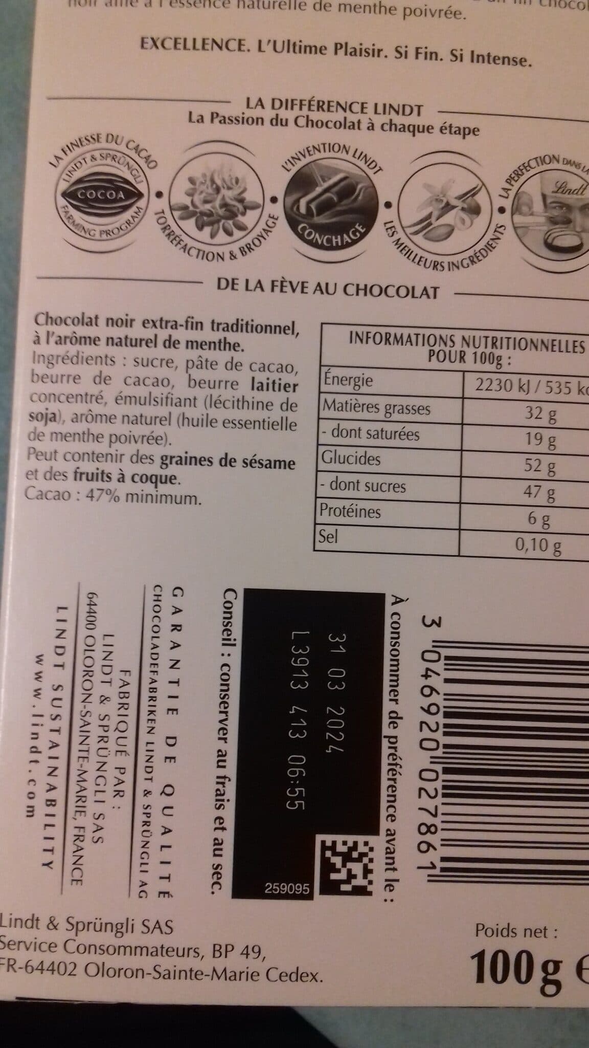 Lindt Excellence Noir Menthe Intense packshot